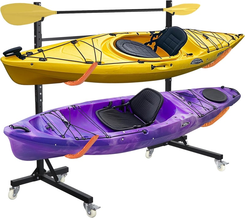 Neorexon Freestanding Kayak Storage Rack 2 Kayaks/4 Kayaks, Kayak Racks for Outdoor Storage with Movable Wheels, Kayak Stand Heavy Duty Storage Wide Adjustable for Kayak, Canoe, SUP and Surfboard - Image 1